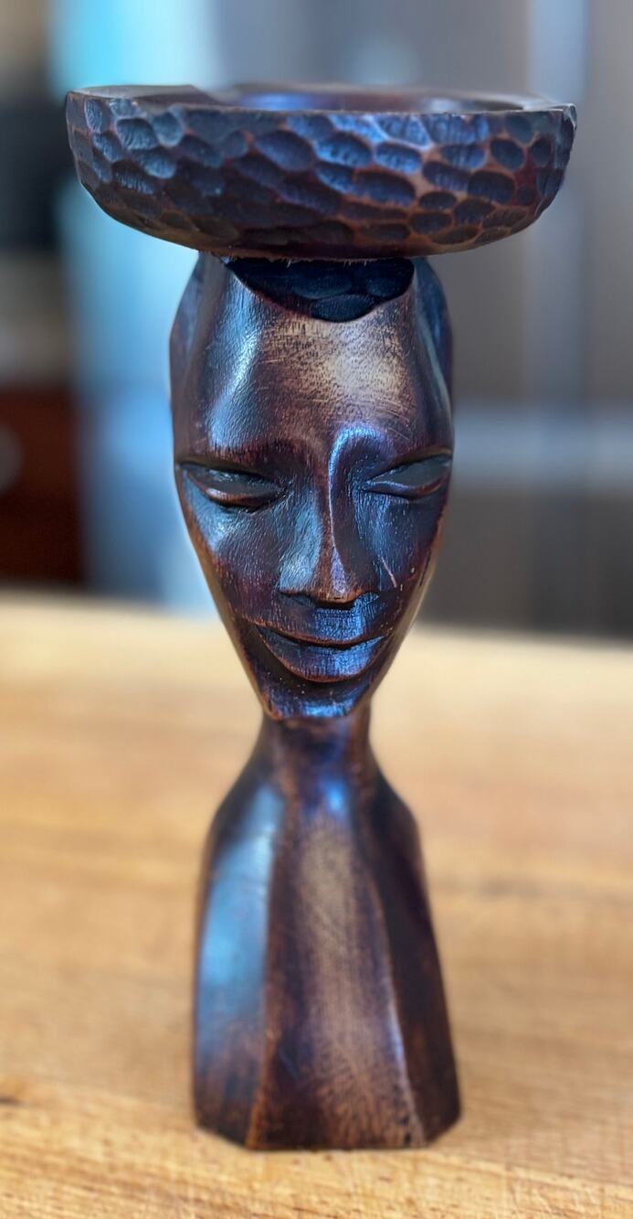 Vintage MCM African Hand Carved Wood Woman Ashtray Figural Tobacciana
